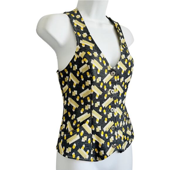 Vintage 70s Geometric Gray Yellow White Button Up Vest Top Tank size S V-Neck - Picture 2 of 6